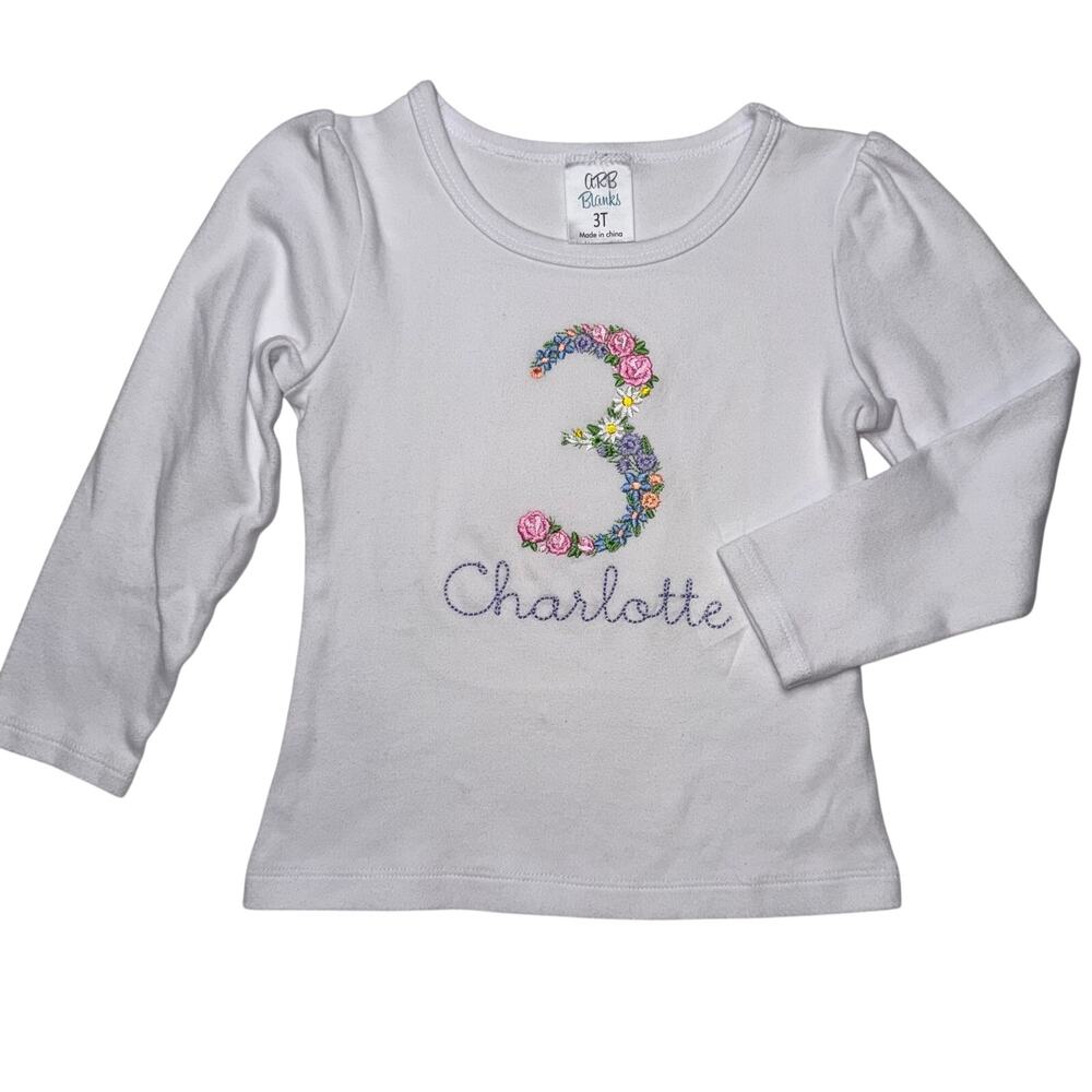 “Charlotte” and “3” custom embroidered shirt 3T